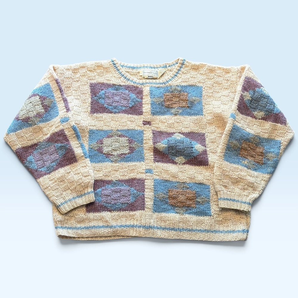 The Eagle's Eye Sweater Womens Large Beige Geometric Pattern Shetland Wool Knit